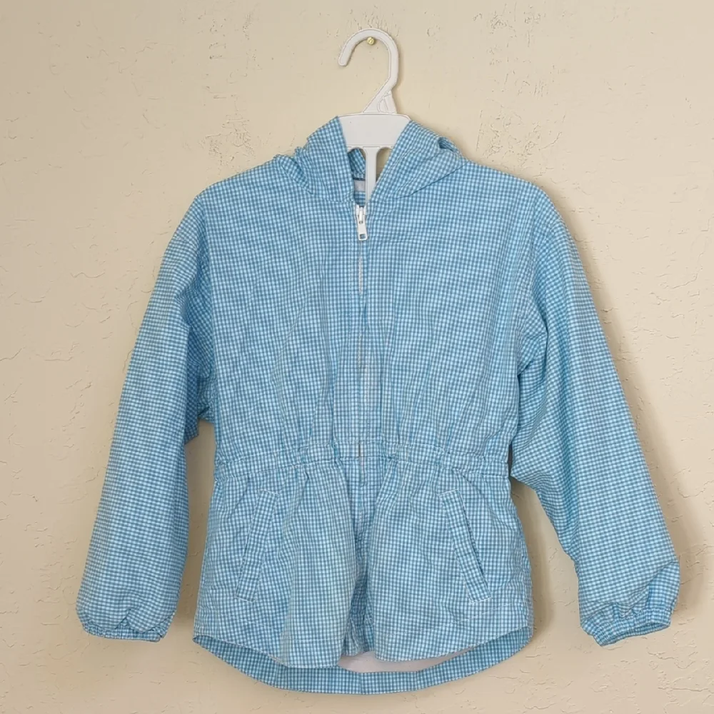 OshKosh B'gosh Vintage Girls Light Blue Gingham Hooded Jacket Size Medium 5/6